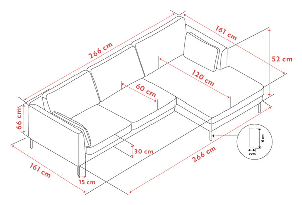 Måttskiss av hörnsoffa med chaise longue, visar dimensioner 266x161 cm, sitthöjd 30 cm och totalhöjd 66 cm