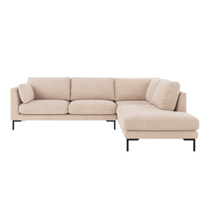 Beige hörnsoffa med schäslong och svarta metallben, modern design med tre sittplatser