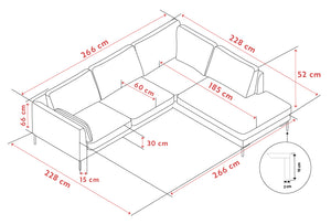 Måttskiss av u-formad hörnsoffa med detaljerade mått: 266x228 cm, sitthöjd 52 cm, djup 185 cm, benhöjd 15 cm