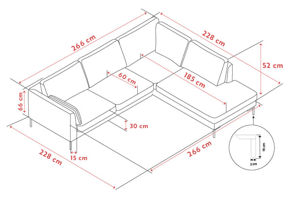 Måttskiss av u-formad hörnsoffa med detaljerade mått: 266x228 cm, sitthöjd 52 cm, djup 185 cm, benhöjd 15 cm