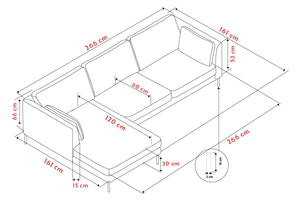 Måttskiss av hörnsoffa med schäslong, visar dimensioner 266x161 cm, sitthöjd 52 cm och sittdjup 60 cm