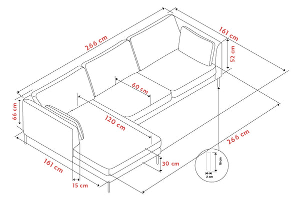 Måttskiss av hörnsoffa med schäslong, visar dimensioner 266x161 cm, sitthöjd 52 cm och sittdjup 60 cm
