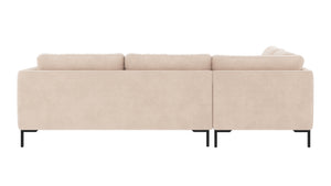 Beige soffgrupp med schäslong och svarta metallben, sedd bakifrån