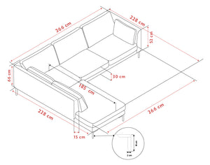 Måttskiss av bäddsoffa 266x228 cm med sittdjup 185 cm och höjd 66 cm, visar dimensioner i utfällt läge