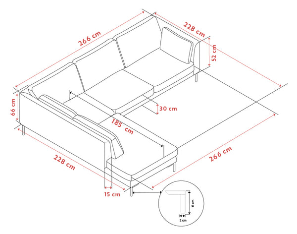 Måttskiss av bäddsoffa 266x228 cm med sittdjup 185 cm och höjd 66 cm, visar dimensioner i utfällt läge