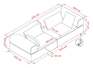 Måttritning av 3-sits soffa med dimensioner 246x105x67 cm, visar djup, bredd och höjd samt armstöd och sitthöjd
