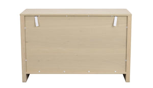 Baksida av ljust träskåp med synliga monteringsfästen och stödben