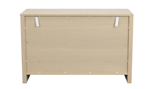 Baksida av ljust träskåp med synliga monteringsfästen och stödben
