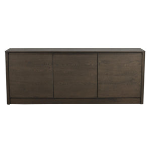 Mörkbrun sideboard i trä med tre dörrar och synlig trästruktur, modern design för förvaring