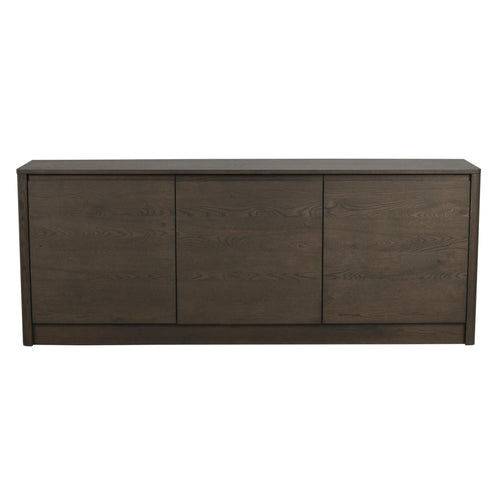 Mörkbrun sideboard i trä med tre dörrar och synlig trästruktur, modern design för förvaring