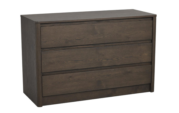 Mörkbrun byrå med tre lådor i trä, modern design för sovrum eller hall