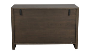 Mörkbrun träkommod med släta luckor och modern design, frontvy mot vit bakgrund