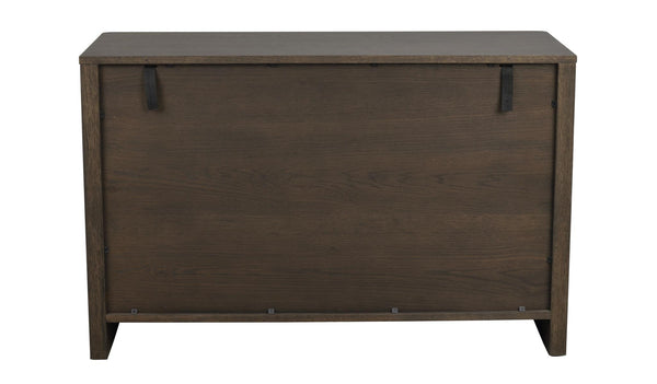 Mörkbrun träkommod med släta luckor och modern design, frontvy mot vit bakgrund