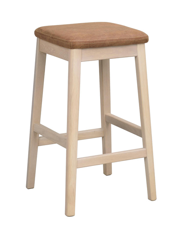 Barpall i ljust trä med brun stoppad sits, fyra ben och fotstöd