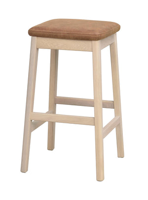 Barpall i ljust trä med brun stoppad sits, fyra ben och fotstöd