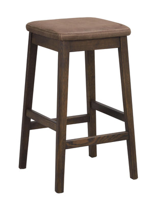 Brun barstol med stoppad sits och mörkbetsade träben i klassisk design