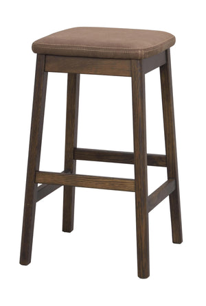 Brun pallar med stoppad sits och träben i mörkt trä, perfekt som barstol eller extra sittplats