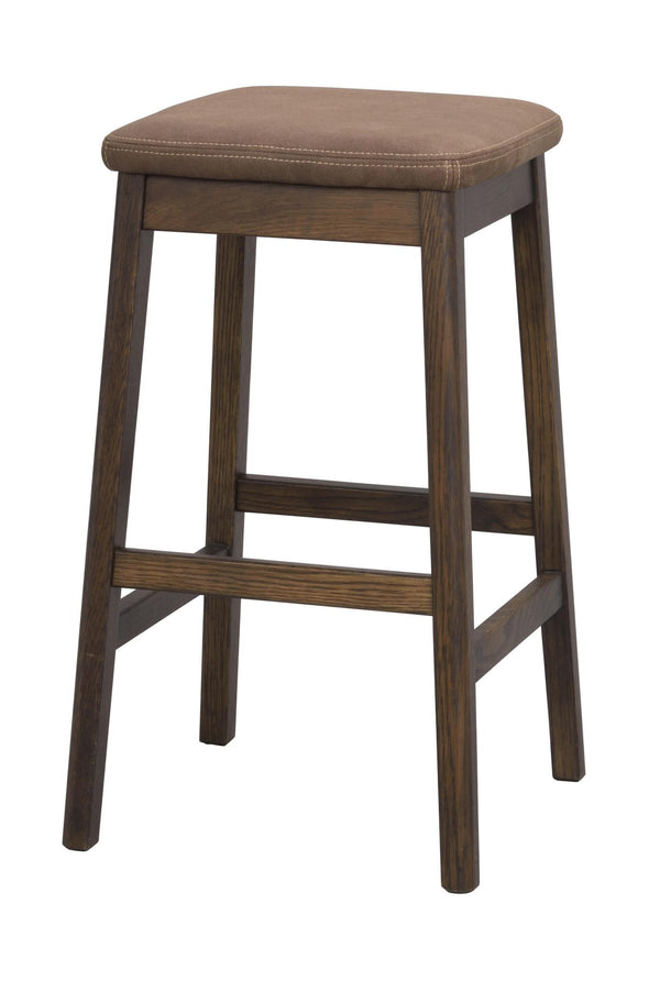 Brun pallar med stoppad sits och träben i mörkt trä, perfekt som barstol eller extra sittplats