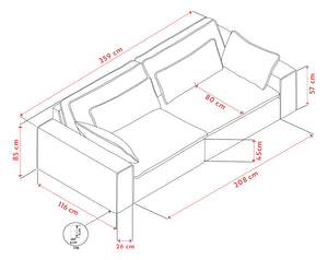 Måttskiss av soffa med chäslong som visar dimensioner: 259 cm längd, 208 cm djup, 85 cm höjd och sitthöjd 45 cm