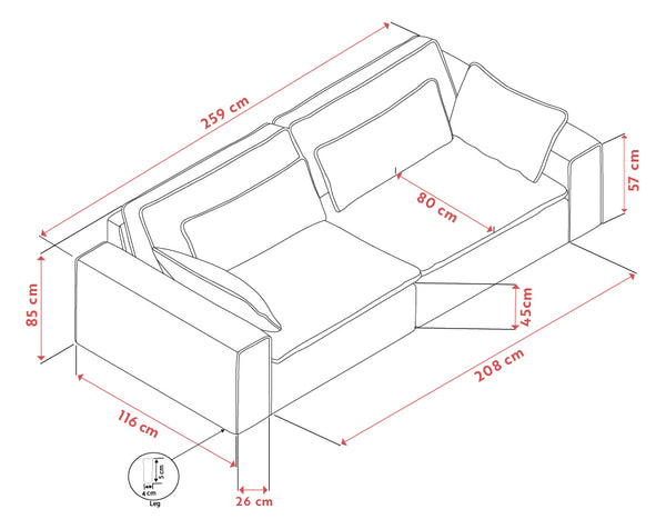 Måttskiss av soffa med chäslong som visar dimensioner: 259 cm längd, 208 cm djup, 85 cm höjd och sitthöjd 45 cm