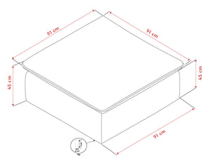 Måttskiss av säng 91x91 cm med höjd 45 cm, visad i isometrisk vy med detaljerade mått
