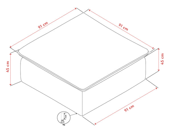 Måttskiss av säng 91x91 cm med höjd 45 cm, visad i isometrisk vy med detaljerade mått