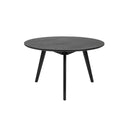 Runt soffbord i svart med tre ben och trästruktur på bordsskivan