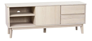 TV-bänk i ljust trä med två lådor, skjutdörr och öppna fack, skandinavisk design med ben