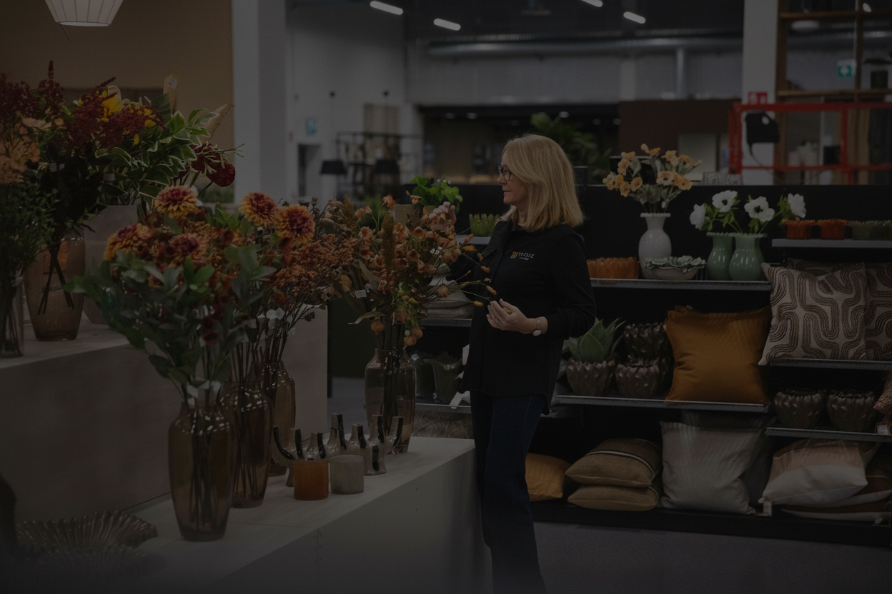 Kvinna i heminredningsbutik med höstblommor i vaser och dekorativa kuddar på hyllor