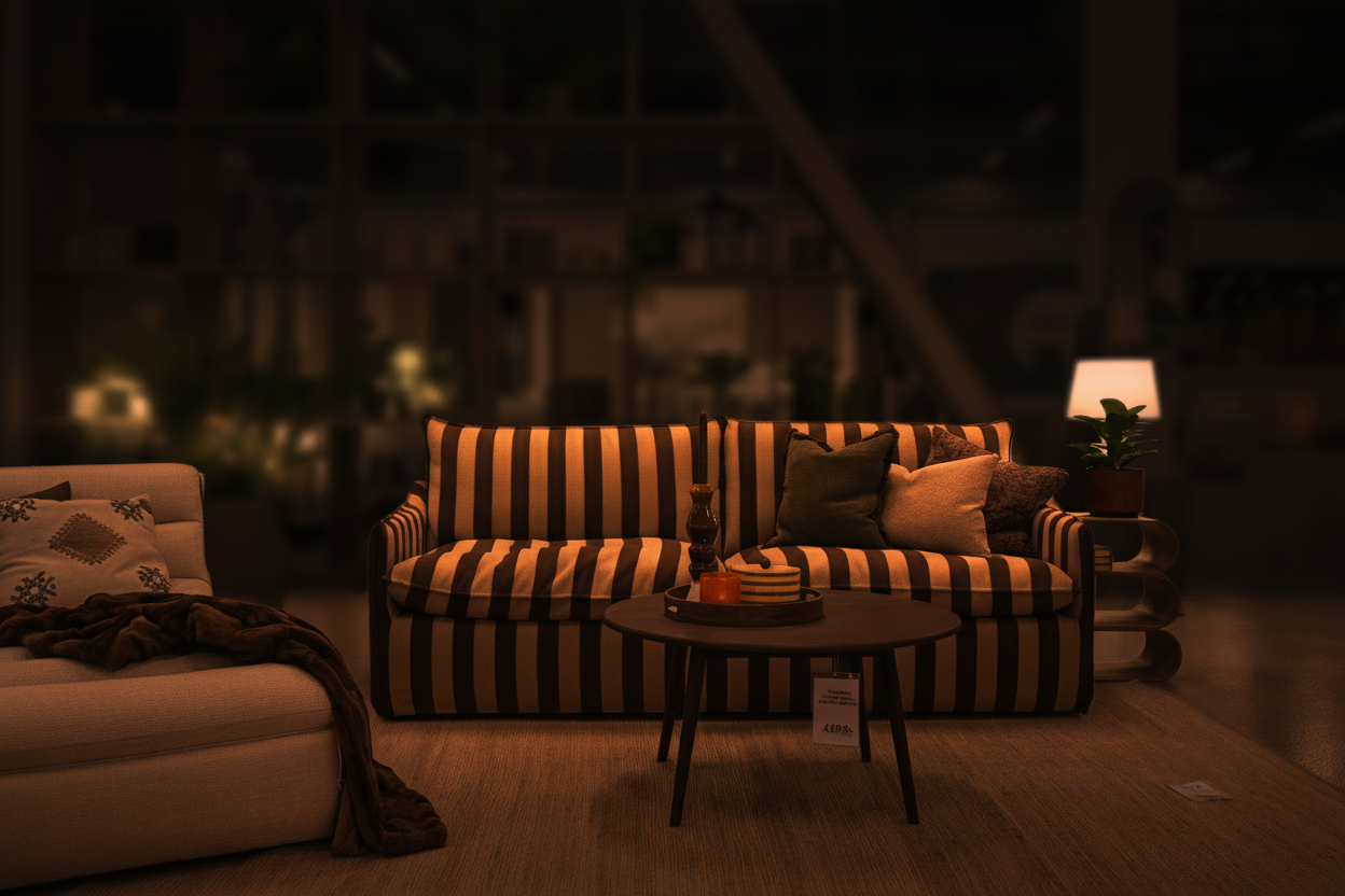 Randig soffa i orange och brunt med kuddar och soffbord i vardagsrum med varm belysning